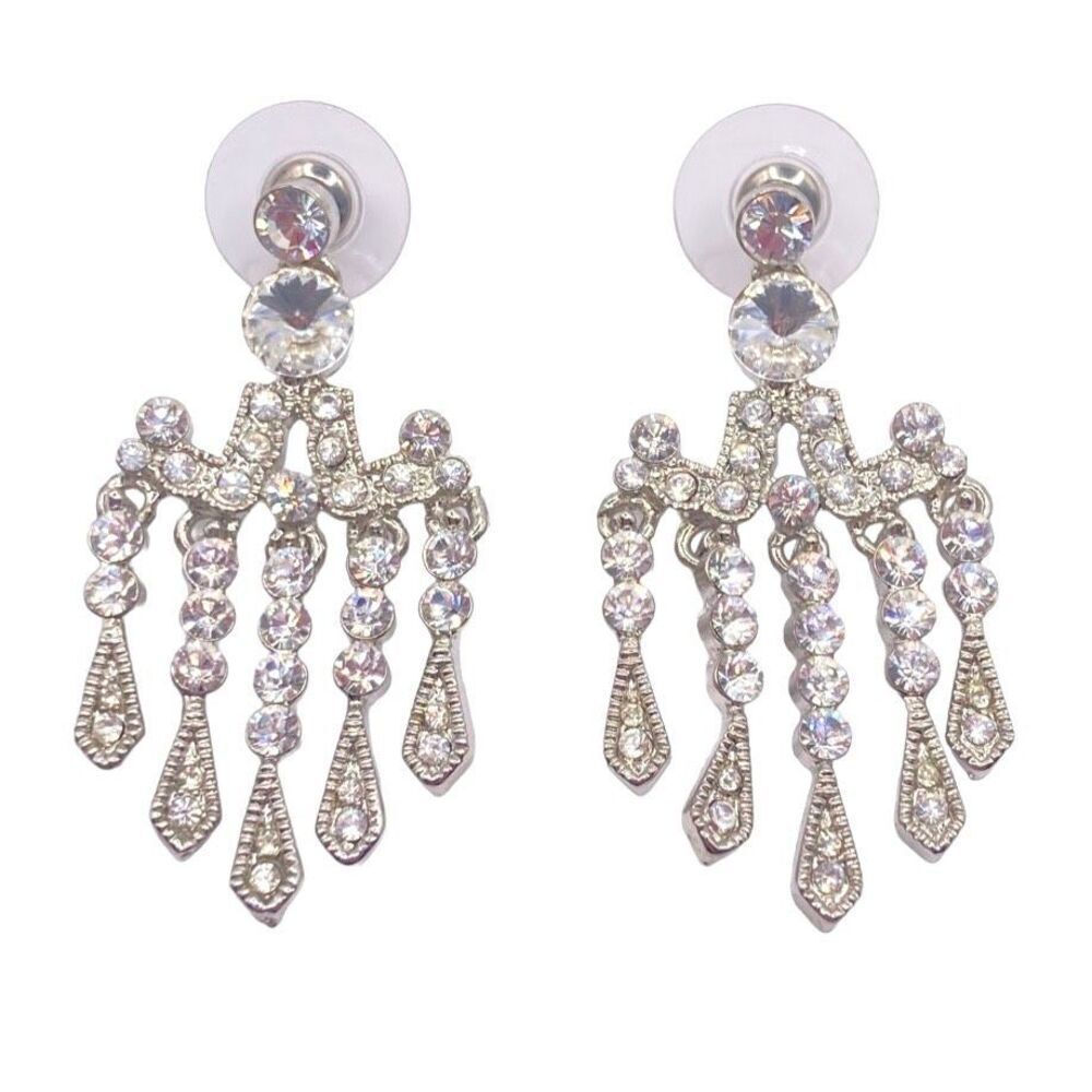 Silver rhinestone bar dangle drop earrings